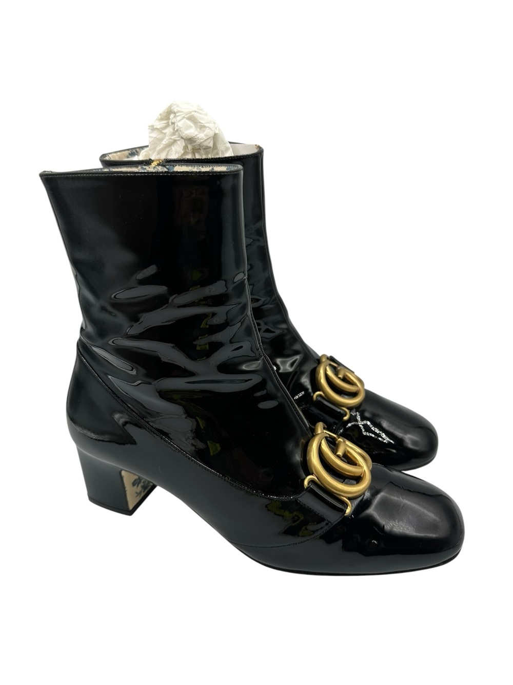 Gucci Black Patent Mid-Calf Boots with Gold Double G - Picture 3 of 13